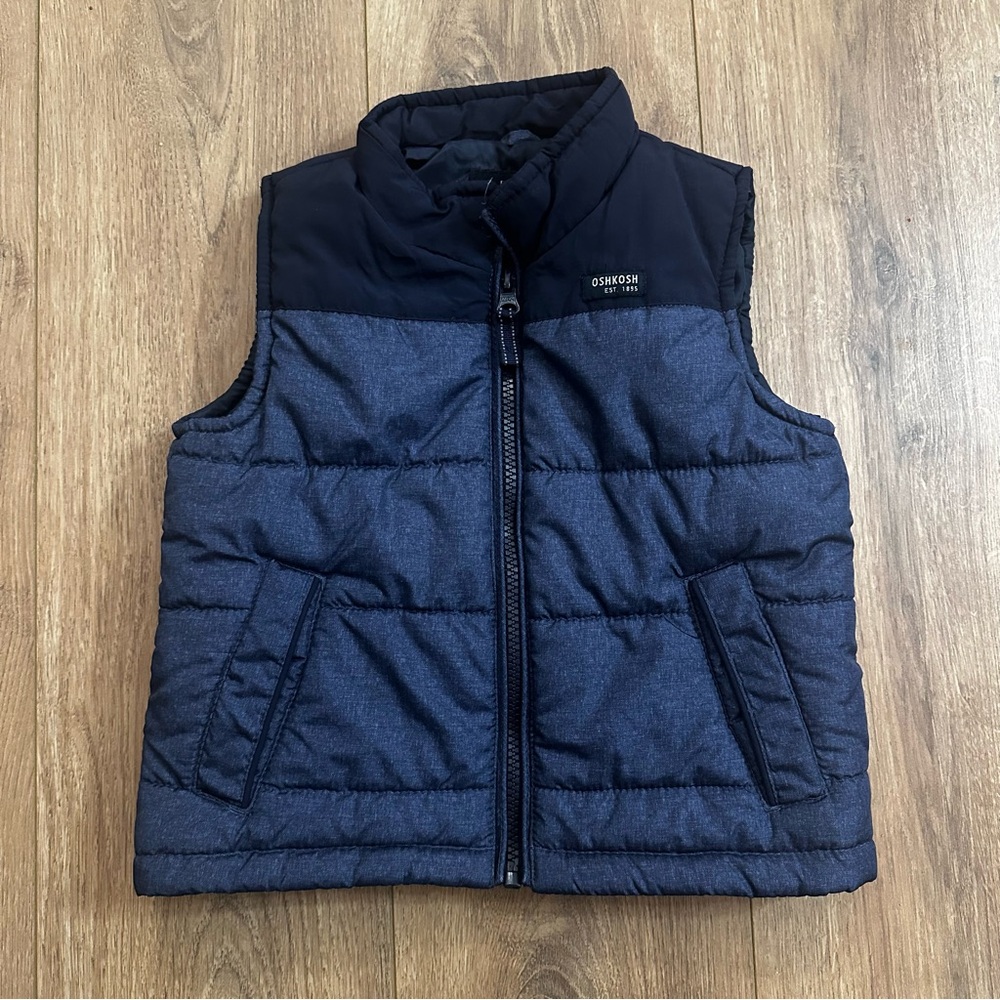 💥Oshkosh b’Gosh Boys Puffer Vest Toddler 2T Navy Blue Zip Up Vest Colorblock
